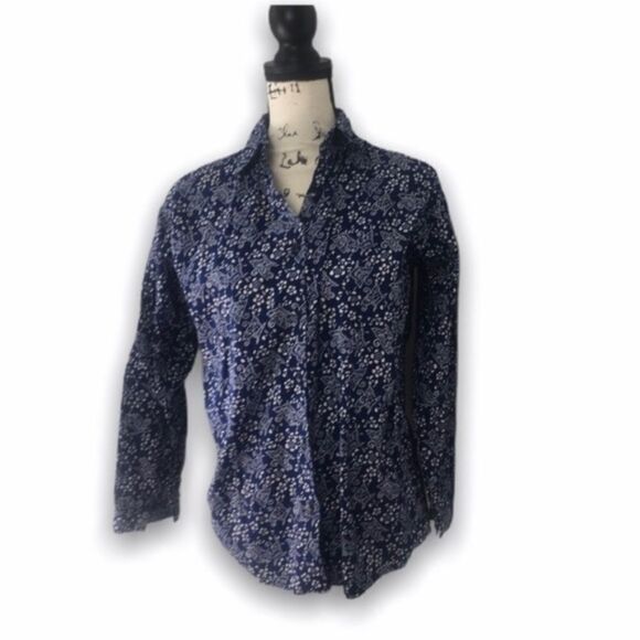Blue Floral Abstract Print Button Down Shirt Long Sleeve Lightweight Blouse (M) - Picture 2 of 2